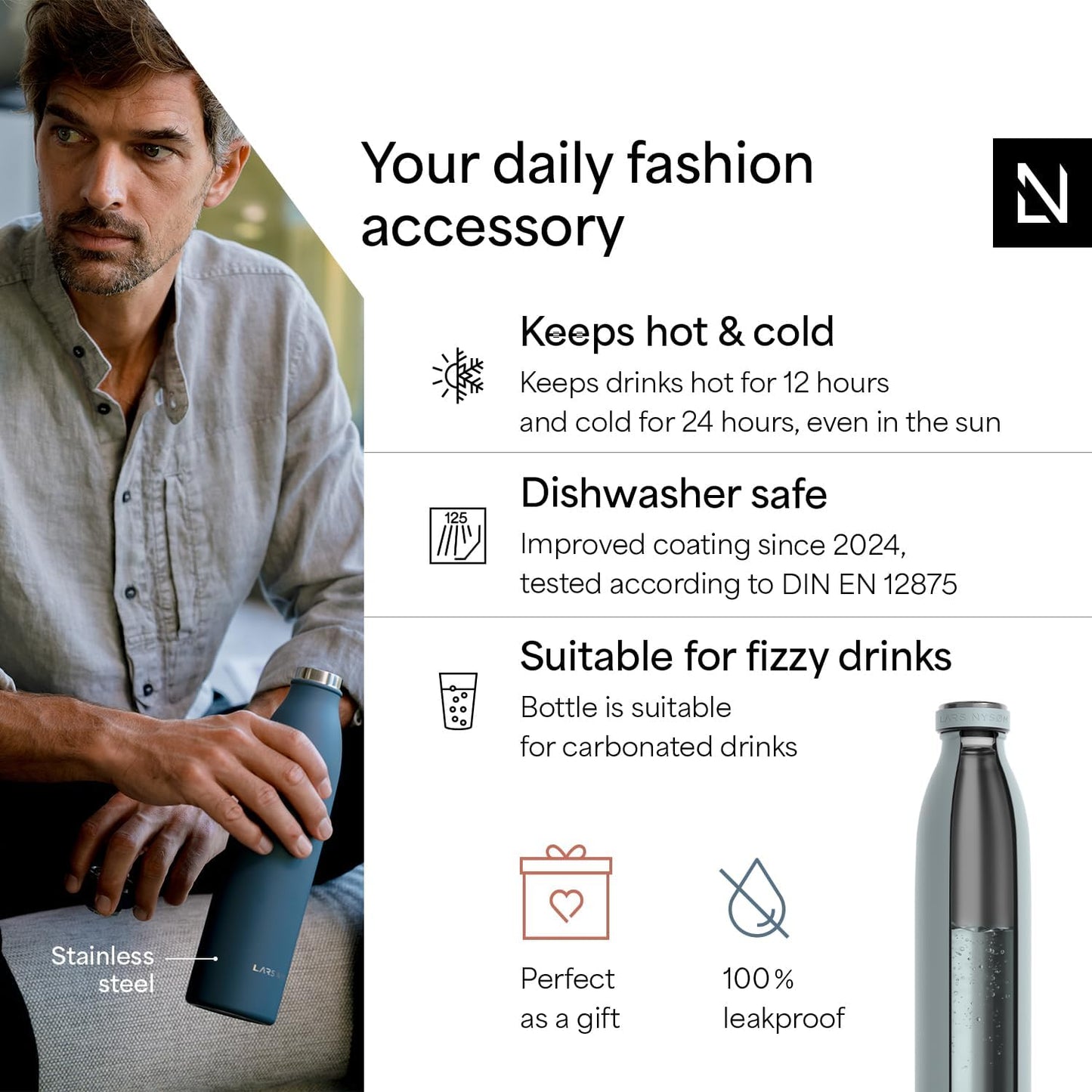 LARS NYSØM Stainless Steel Insulated Water Bottle 12oz 17oz 25oz 34oz 51oz | Insulated Thermo Flask for Hot and Cold Beverages | Leakproof Drinking Bottle (Sky Blue, 25.4 oz)
