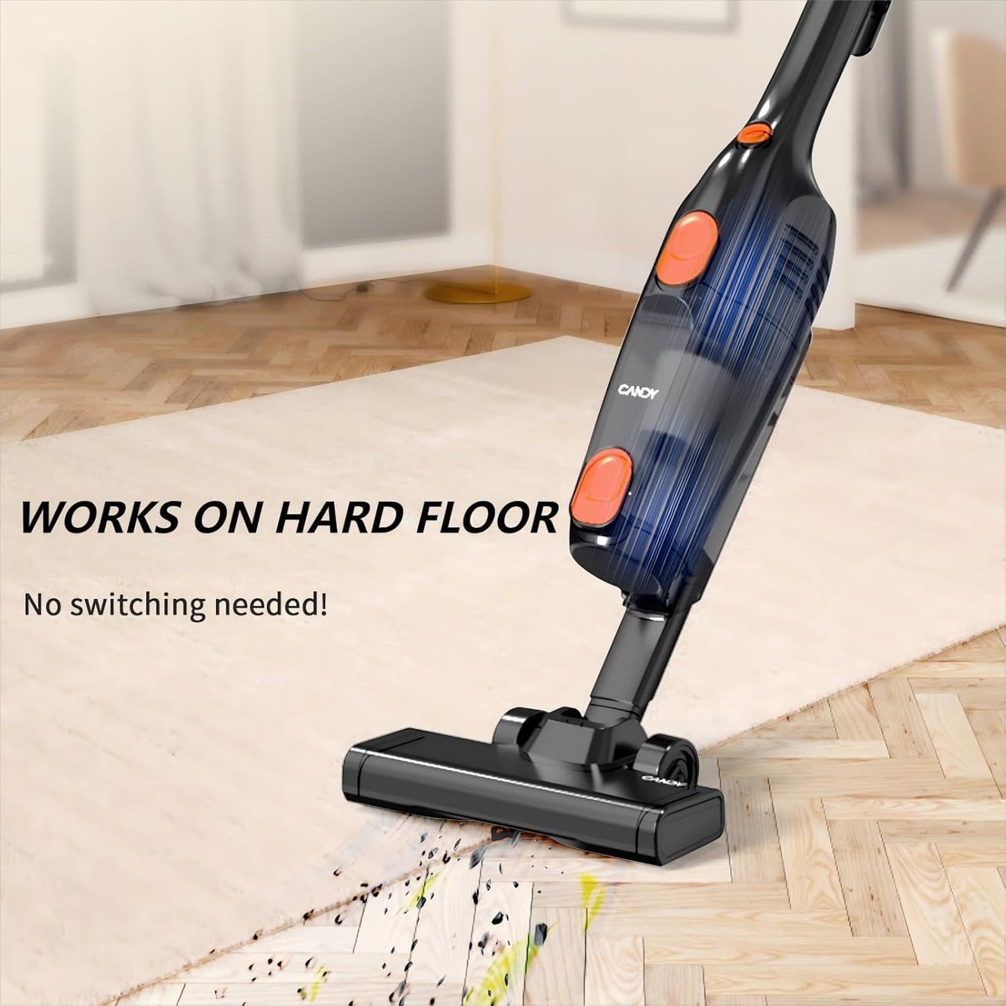 Candy Corded Stick Vacuum Cleaner, Powerful Suction Handheld Vacuum with One-Click Dust Disposal, 3-in-1 Use for Hard Floor, Ceramic Tile, 0.8 Liters Capacity, Easy Clean