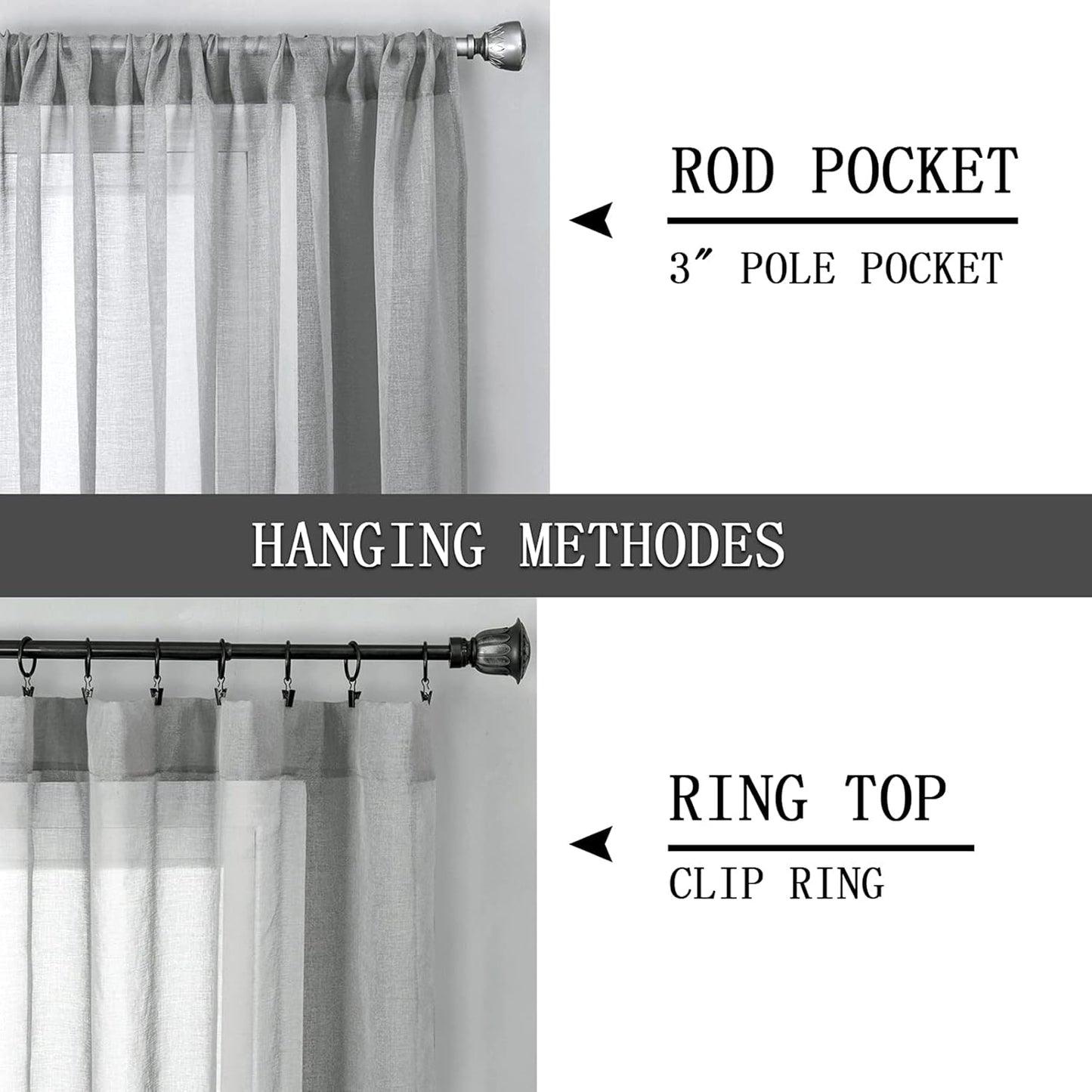 Tollpiz Sheer Curtain Linen Textured Bedroom Curtains Sheer Light Filtering Rod Pocket Voile Curtain for Living Room, 54 x 95 inches Long, Silver Grey, Set of 2 Panels