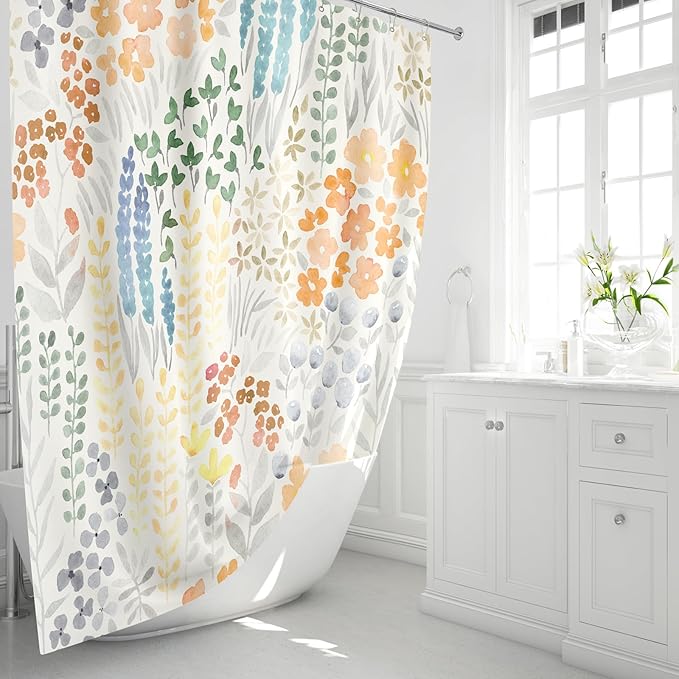 Extra Long Shower Curtain 72 x 96 Inch, Floor to Ceiling X-Long Tall Cute Floral Shower Curtain for Bathroom, Orange Wildflower Boho Cottagecore Fabric Shower Curtain Set with Hooks