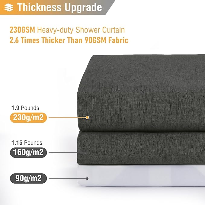 BTTN Stall Fabric Shower Curtain, 54x78 Inch Long Linen Cloth Heavy Duty Thick Shower Curtain Set with 10 Plastic Hooks, Hotel Spa Weighted Waterproof Neutral Bath Curtains for Bathroom, Charcoal Grey