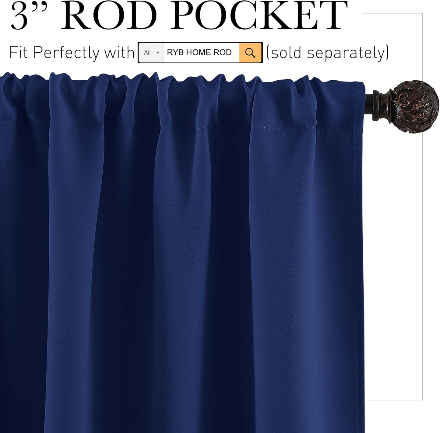 RYB HOME 45 inch Length Curtains for Kitchen, Room Darkening Narrow Window Drapes Thermal Insulated Privacy Covers for Basement RV Camper, W 34 x L 45 inch, Set of 2, Marine Blue