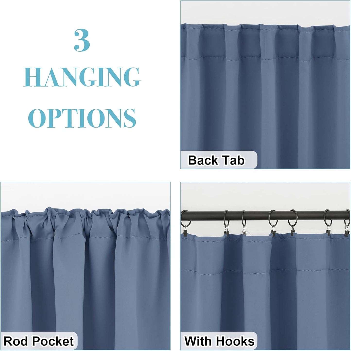 RYB HOME Room Darkening Curtains for Bedroom, Thermal Insulated Back Tab Window Treatment Blackout Privacy Shades for Stuido Living Room Kitchen, Stone Blue, W42 x L72 inch, 2 Panels