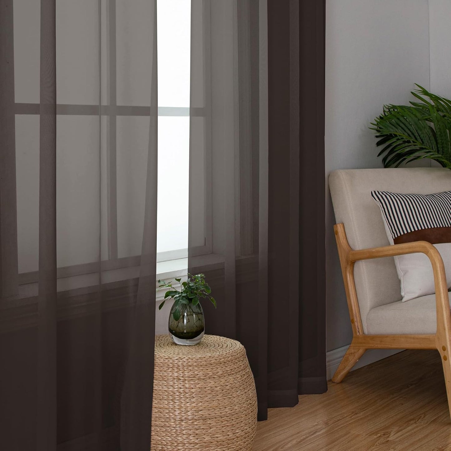 Chyhomenyc Chocolate Brown Sheer Curtains 45 Inch Long 2 Panels, Light Filtering Rod Pocket Voile Short Curtains Drapes for Living Room Bedroom Small Windows, 42Wx45L Inches