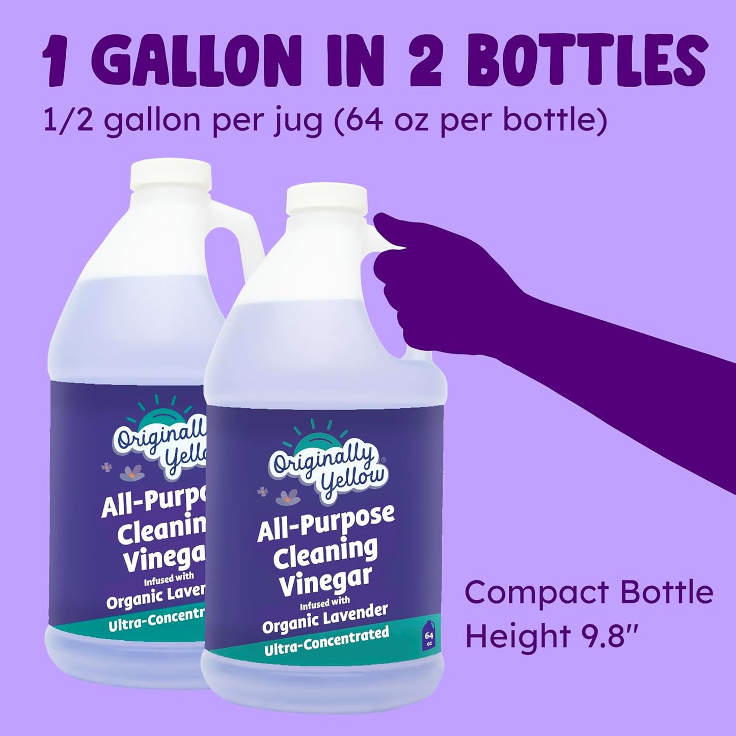 Originally Yellow Lavender Vinegar For Cleaning Purpose | USA Made All Purpose Cleaner | Use as a Floor, Glass, Kitchen, & Bathroom Cleaner | Plant Derived Vinegar 1 Gallon in 2 bottles | 128 Oz