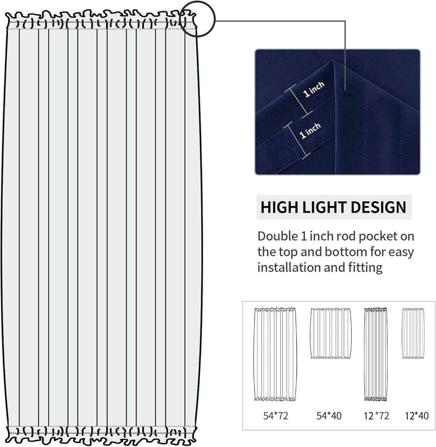 DWCN French Door Curtains – Rod Pocket Thermal Blackout Curtain for Doors with Glass Window, Kitchen and Patio Doors for Privacy, 12 X 72 Inches Long, 1 Curtain Panel with Tieback, Navy Blue