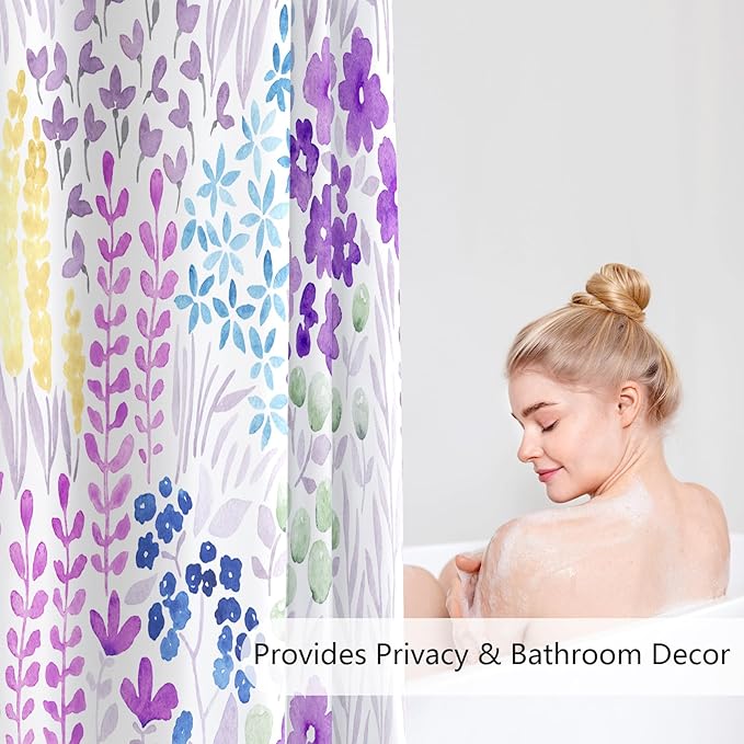 Lavender Purple Floral Shower Curtain 60x72, Colorful Boho Flower Fabric Shower Curtain, Cute Funky Watercolor Wildflower Shower Curtain Set, Cottagecore Bohemian Bathroom Decor