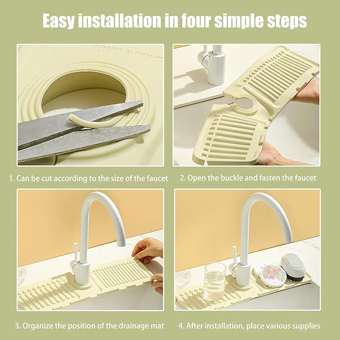 Faucet Mat for Kitchen Sink - 2024 Premium Upgrade: Enhanced Silicone Splash Guard with Rapid Drying & Dish Soap Sponge Holder, Perfect for Stone Sinks in Kitchen & Bathroom (Beige, 3 Pack)