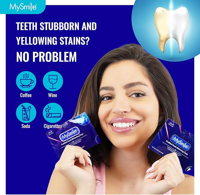 MySmile 7 Treatments Prefilled Teeth Whitening Trays Kit with 12% Hydrogen Peroxide Whiter Gel for Sensitive Tooth, Fast-Result Vegan Teeth Whitener Tooth Stain Remover, Mint Flavor