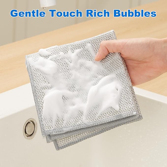 JOYMOOP Multipurpose Non-Scratch Wire Dishwashing Rag for Wet and Dry, Reusable Cleaning Cloths, Scrubbing Pads for Dishes, Glass, Stainless Steel - 5 Pack