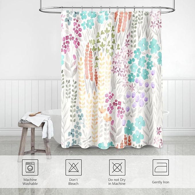 Extra Long Shower Curtain 72 x 96 Inch, Floor to Ceiling X-Long Tall Turquoise Cute Floral Shower Curtain for Bathroom, Teal Blue Wildflower Cottagecore Fabric Shower Curtain Set with Hooks