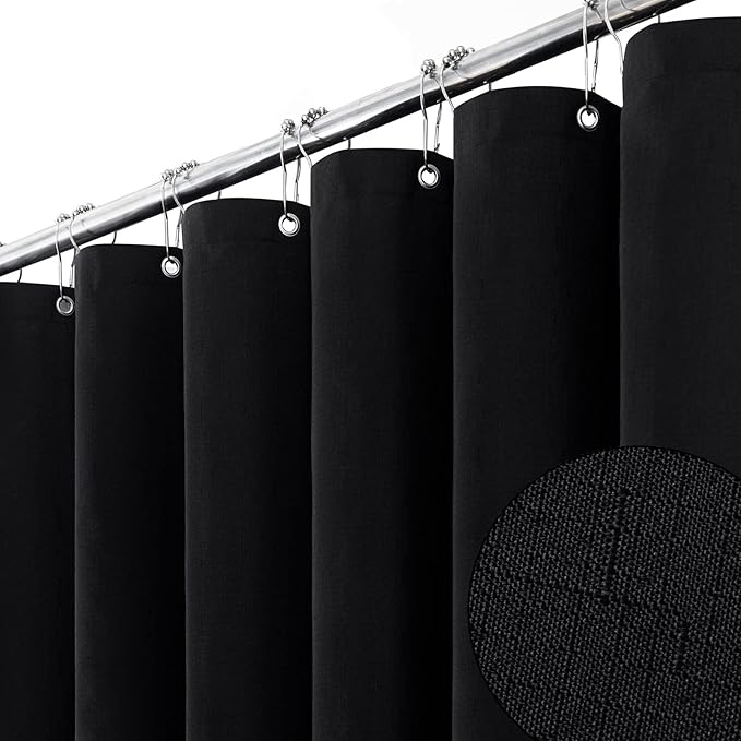 BTTN Stall Fabric Shower Curtain, 54x78 Inch Long Linen Textured Heavy Duty Cloth Shower Curtain Set with 10 Plastic Hook, Narrow Hotel Spa Weighted Bath Curtains for Bathroom, Machine Washable, Black