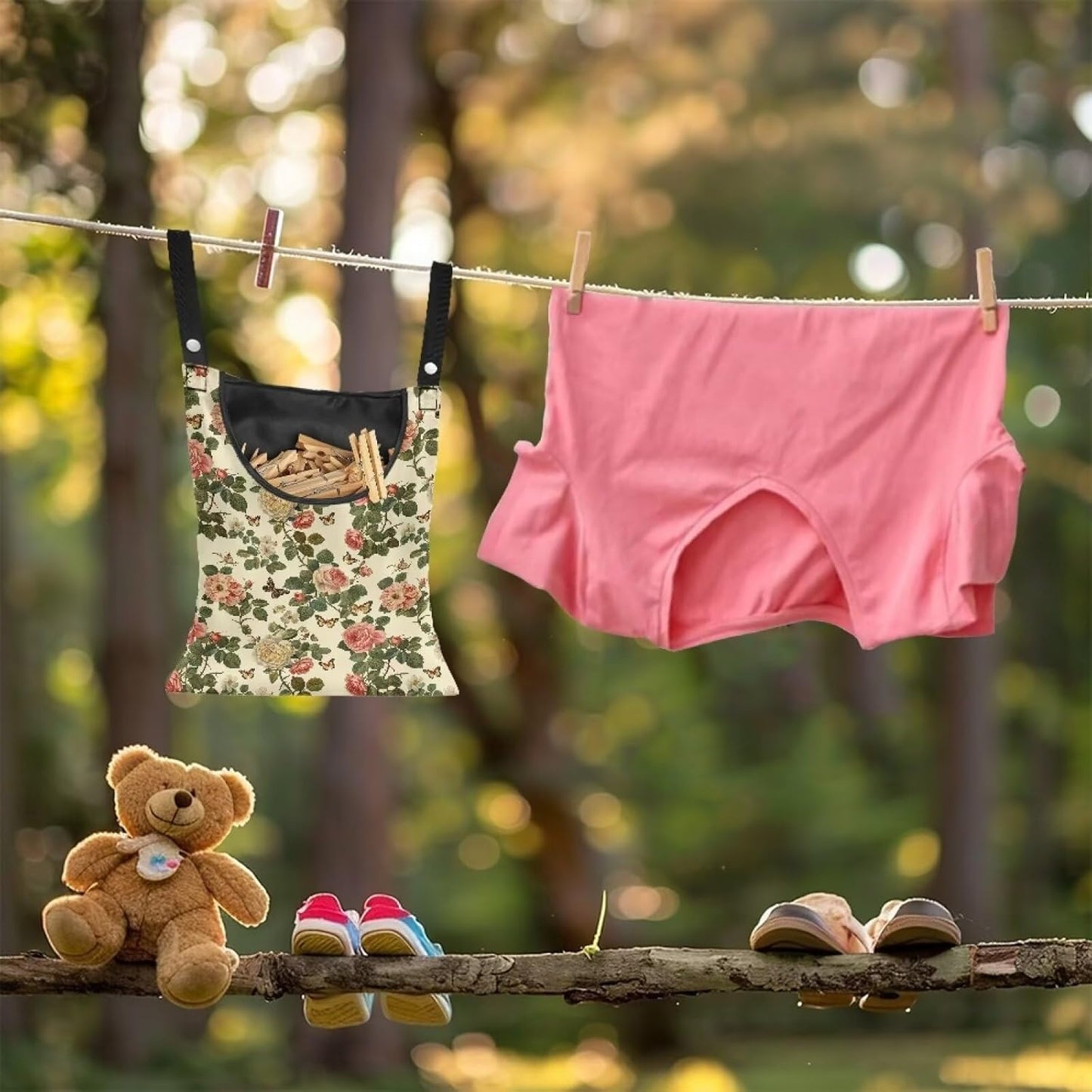2 Pcs Floral Clothes Pin Hanging Bag with Hanging Rope 14.5 X 12 Inch Clothespin Bag for Clothes Pins and Clothespins - Heavy Duty Outdoor Use