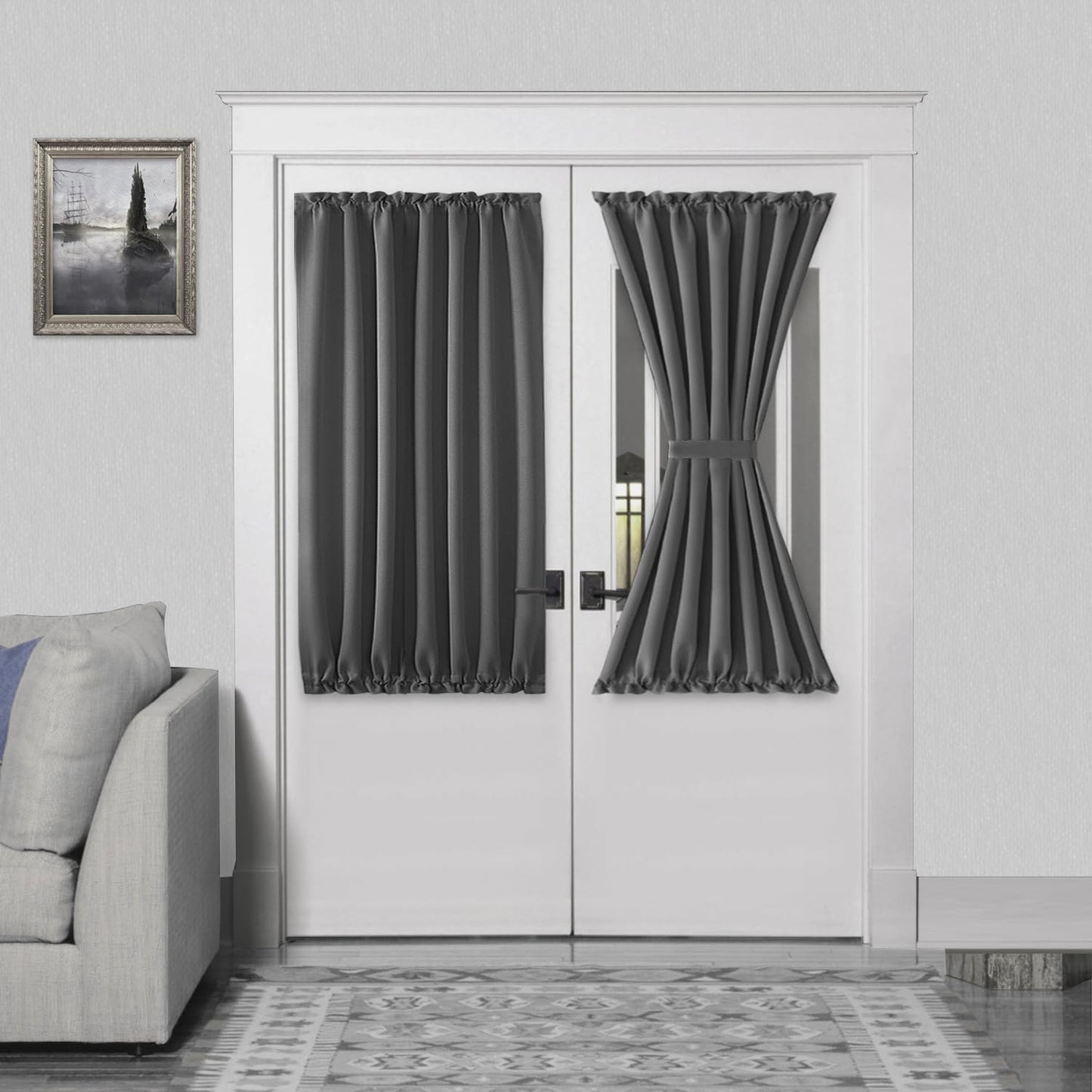 DWCN French Door Curtains – Rod Pocket Thermal Blackout Curtain for Doors with Glass Window, Kitchen and Patio Doors for Privacy, 54 X 40 Inch Length, 1 Curtain Panel with Tieback, Dark Grey