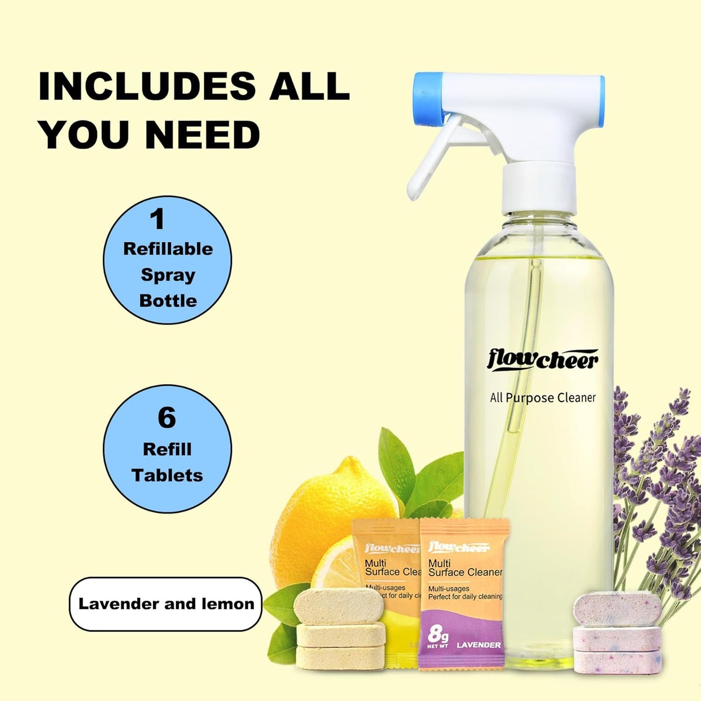 Multi-Purpose Cleaner Starter Kit-Lavender and Lemon Scent all purpose cleaner concentrate,cleaning tablets (6 Refill tablets) with Reusable Bottle Multi-Surface Household Cleaner, 6x17fl oz