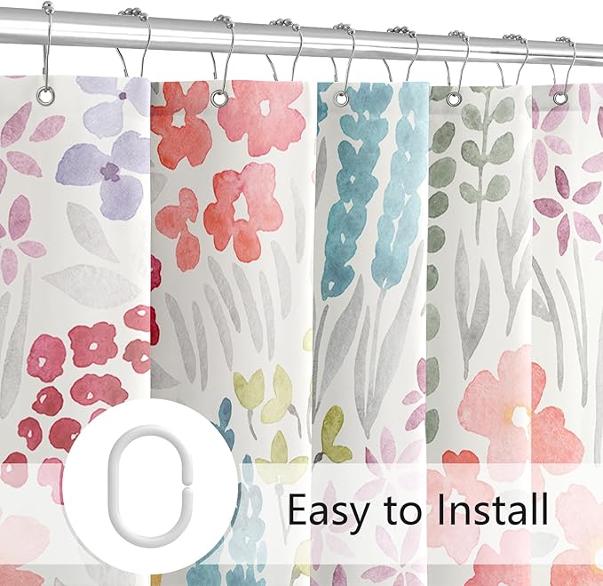 Extra Long Shower Curtain 72 x 84 Inch, Tall Cute Floral Shower Curtain for Bathroom, Colorful Wildflower Boho Cottagecore Fabric Shower Curtain Set with Hooks, Ivory