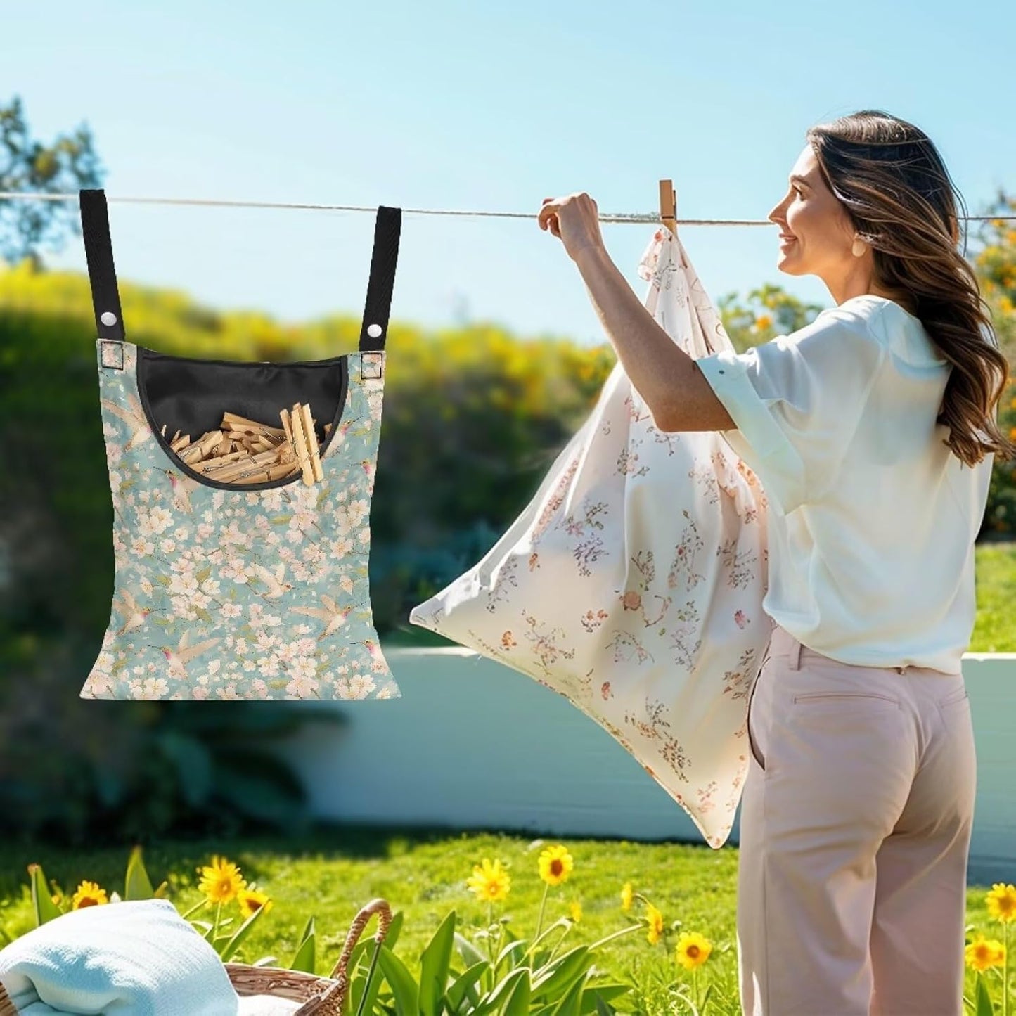 Clothespin Bag, Hanging Laundry Bag, Clothes Lines for Hanging Clothes Outside, Hanging Storage Organizer with Hanging Rope for Home Outdoor - Flower and Bird