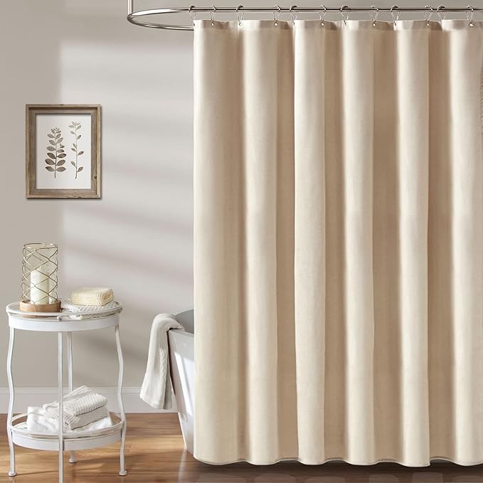 BTTN 84 Inch Wide Shower Curtain - W84xH72 Linen Textured Heavy Duty Fabric Shower Curtain Set with 14 Plastic Hooks, Large Hotel Simple Waterproof Polyester Bath Curtains for Bathroom - Cream/Beige