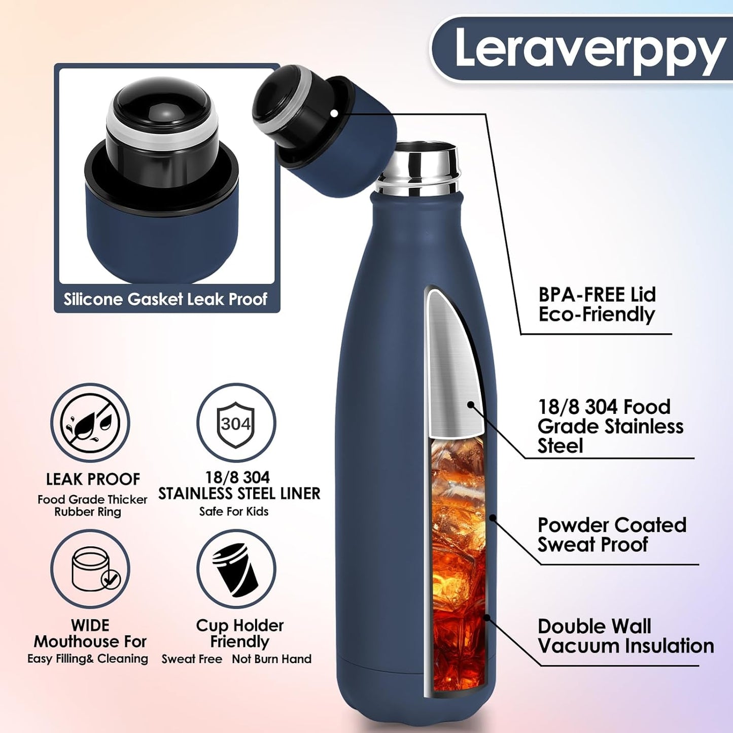 25oz Cola-Bottle Shaped Stainless Steel Leak-proof Water Bottle,Double Wall Vacuum Insulated Metal,Travel Mug For Sports Indoors & Outdoors,BPA-Free School Kids Flasks,Navy(4 Pack)