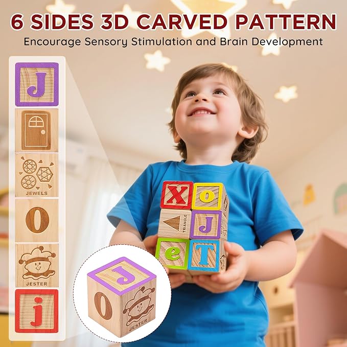 SainSmart Jr. Wooden Alphabet Blocks 1.73 Inch, 30Pcs Building Blocks Including Letters, Numbers and Animals, Montessori Wooden Blocks for Preschool Toddlers