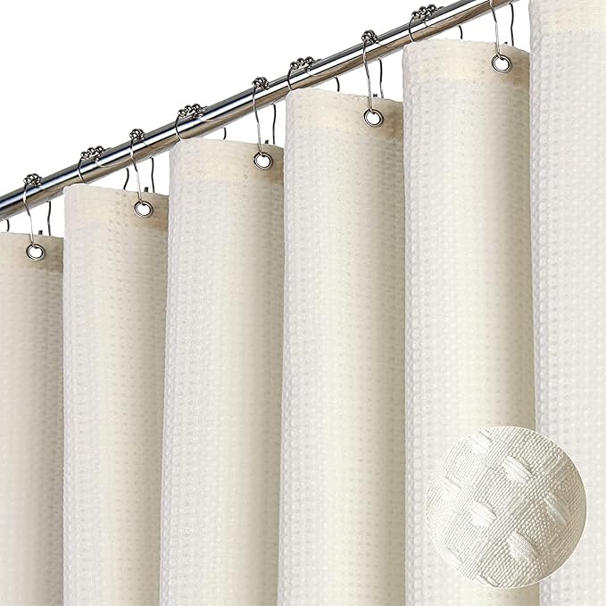 Dynamene Extra Wide Shower Curtain-108 Inch Wide Waffle Weave Weighted Thick Cloth Bathroom Shower Curtain, Neutral Heavy Duty Hotel Bath Curtain Set with 18 Plastic Hooks,108x72, Cream/Ivory