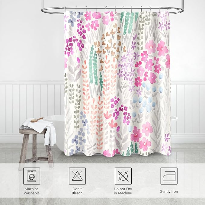 Long Shower Curtain 72 x 78 Inch, Tall Cute Floral Shower Curtain for Bathroom, Hot Pink Wildflower Boho Cottagecore Fabric Shower Curtain Set with Hooks