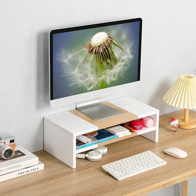 TEAMIX 2 Tiers Desktop Monitor Stand Riser 20 Inch Printer Stand with Storage Small TV Riser Laptop Wooden Desk Organizer Shelf Bookshelf Maple (White+Maple, 2 Tiers)