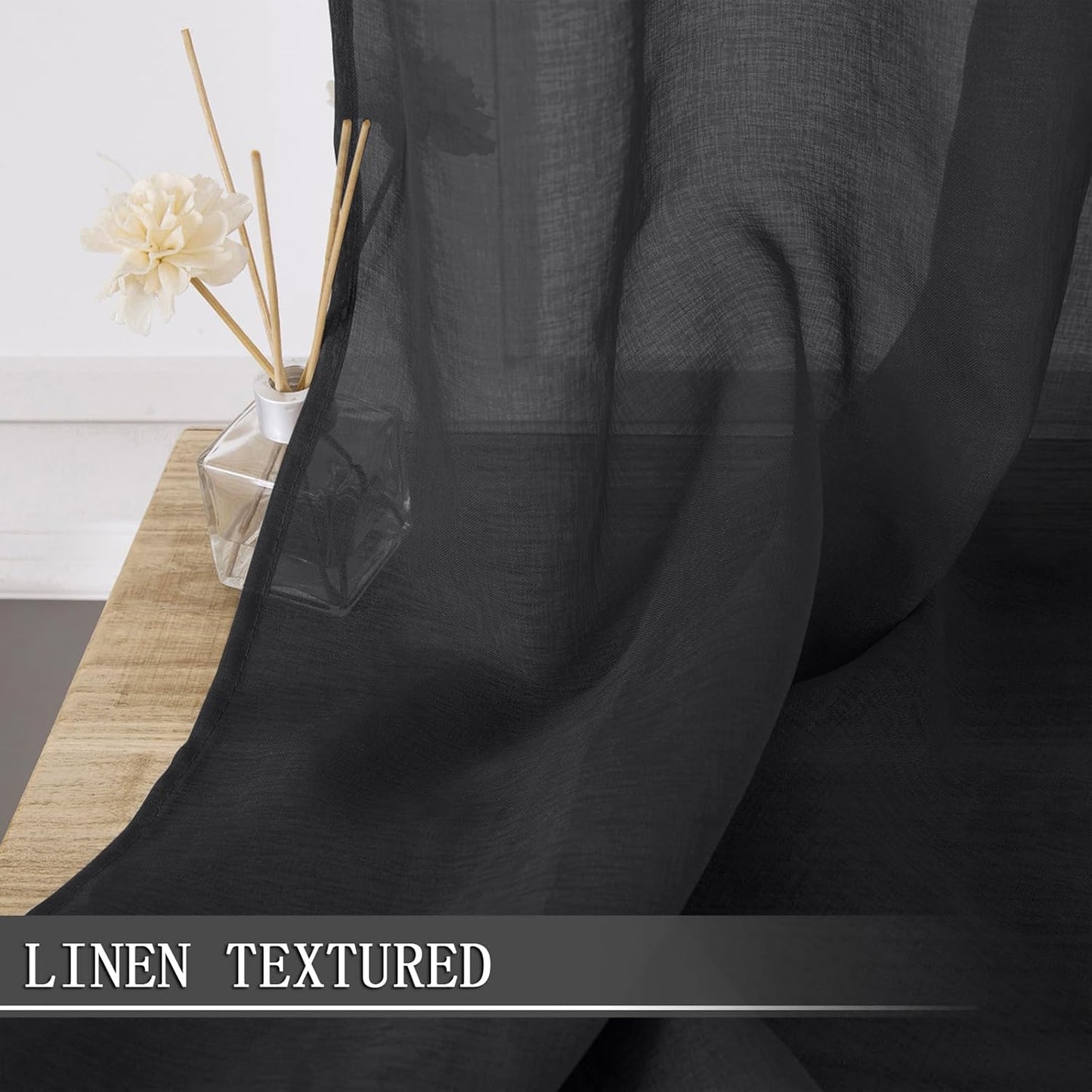 Tollpiz Short Sheer Curtain Living Room Linen Textured Curtains Sheer Light Filtering Voile Rod Pocket Curtain for Bedroom, 38 x 54 inches Long, Black, Set of 2 Panels