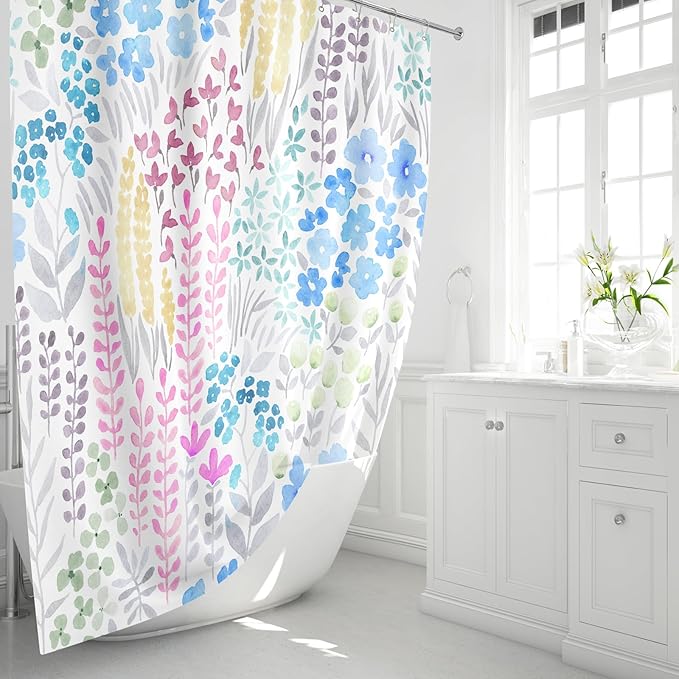 Blue Floral Shower Curtain 60x72, Pink Yellow Boho Flower Fabric Shower Curtain, Cute Funky Watercolor Wildflower Shower Curtain Set, Cottagecore Bohemian Bathroom Decor