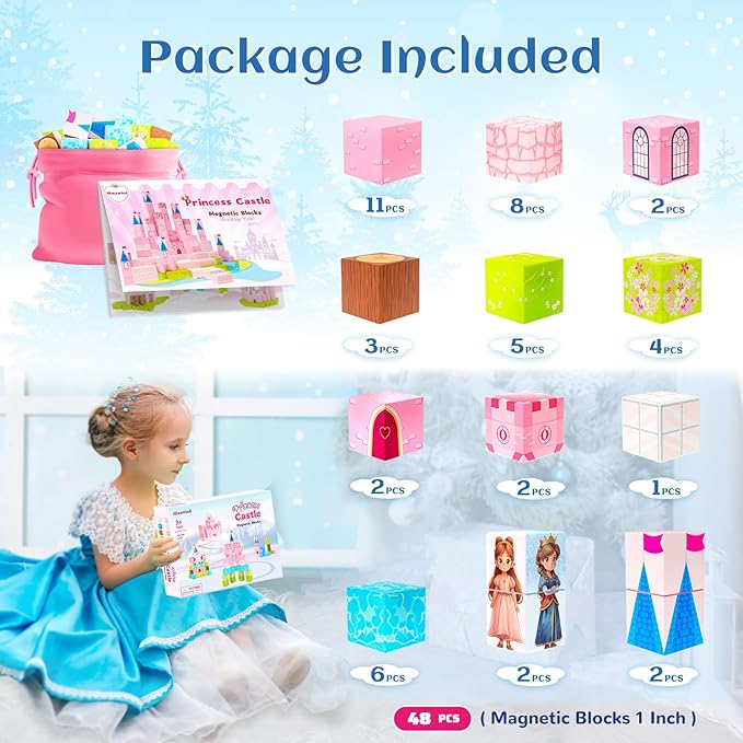 Updated Magnetic Blocks-Princess Castle, Creative Magnetic Building Blocks Toddler Toys, Birthday Gifts for Kids 3+ Years Old, STEM Montessori Sensory Toy for Boys & Girls Age 3-4 4-5 6-8