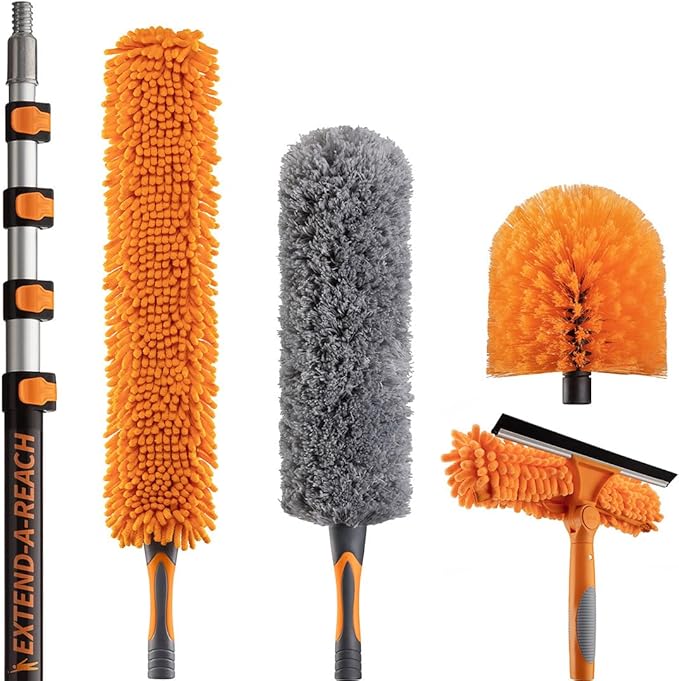 24 Foot High Reach Duster Kit with 5-18 ft Extension Pole // High Ceiling Dusting and Window Cleaning Kit with Telescopic Pole // Window Washer & Squeegee, Cobweb Duster, Fan Blade and Feather Dusters