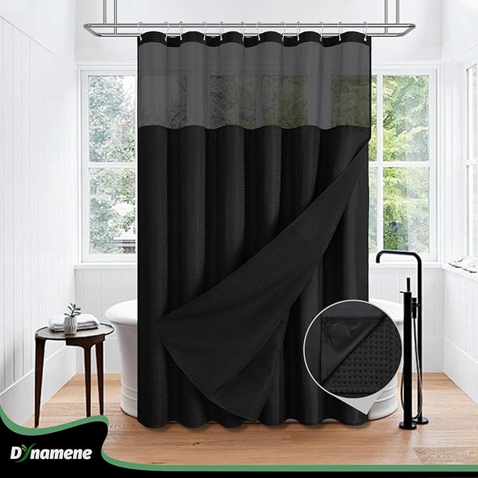 Dynamene Extra Long Shower Curtain, 84 Inch Long Waffle Fabric Shower Curtain for Bathroom, Tall Waterproof Cloth Shower Curtain Liner Set with Hook, Snap in Liner, Mesh Top Window, Black, 72x84