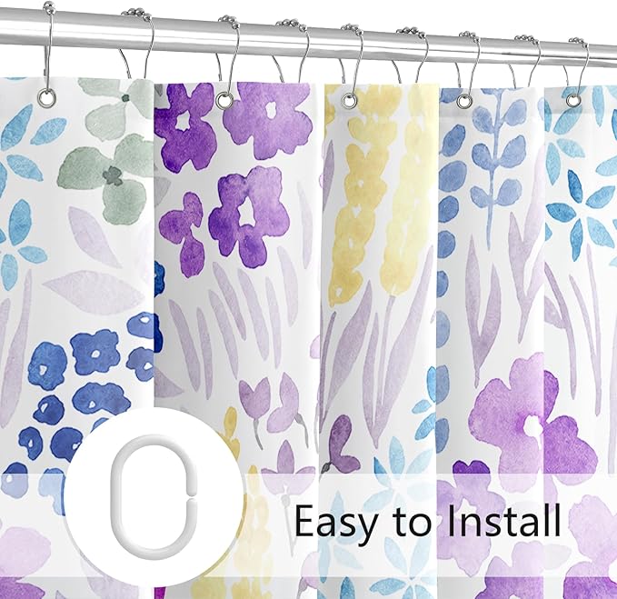 Extra Long Shower Curtain 72 x 84 Inch, Tall Purple Floral Shower Curtain for Bathroom, Colorful Wildflower Boho Cottagecore Fabric Shower Curtain Set with Hooks, Lavender Purple