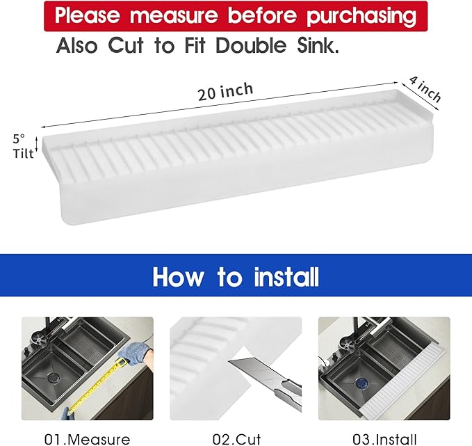 20"x4" Silicone Sink Edge Protector - Splash Guard with Suction Cups & 5° Tilt, Cuttable Edge Guard for Kitchen Sink, Bathroom,Granite & Quartz Countertops(White)