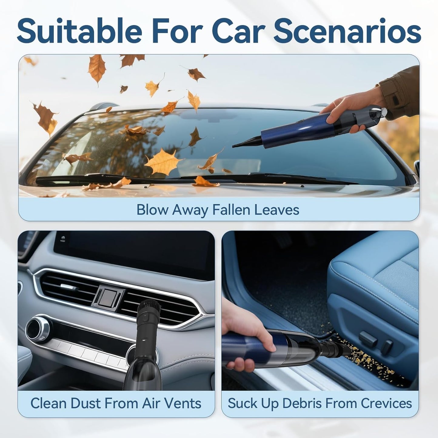 H2 Handheld Vacuum Car Vacuum, Mini Cordless Vacuum Cleaner with High-Speed Brush Motor Visual Dust Storage Silo Type-C Charge for Car Interiors, Sofas, Tabletops, Keyboards-Blue Gray