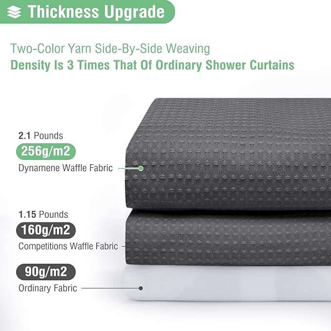 Dynamene Extra Wide Shower Curtain - 180 Inch Wide Waffle Weave Weighted Thick Cloth Bathroom Shower Curtain, Neutral Heavy Duty Hotel Shower Curtain Set with 32 Plastic Hooks,180x72, Charcoal Grey