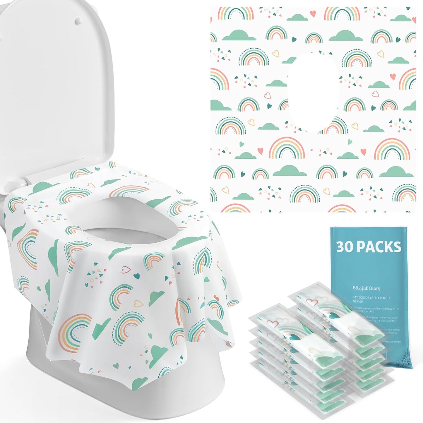 Blissful Diary 30 Pcs Toilet Seat Covers Disposable for Toddlers & Adults, Extra Large Waterproof, Portable Package for Travel, Kids Potty Training
