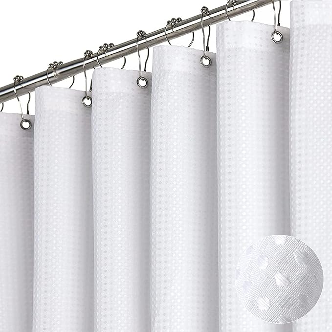 Dynamene Extra Wide Shower Curtain-108 Inch Wide Waffle Weave Weighted Thick Cloth Bathroom Shower Curtain, Neutral Heavy Duty Hotel Bath Curtain Set with 18 Plastic Hooks,108x72, White