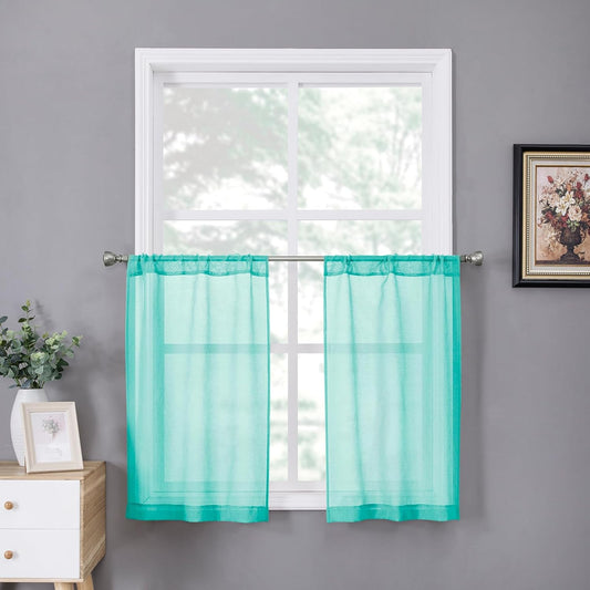 Tollpiz Sheer Tier Curtains Kitchen Linen Textured Half Curtain Sheers Light Filtering Rod Pocket Voile Bathroom Short Curtains for Farmhouse, 25 x 30 inches Long, Aqua Blue, Set of 2 Panels