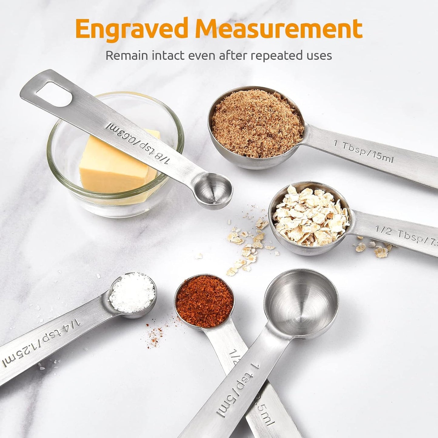 U-Taste 18/8 Stainless Steel Measuring Spoons Set: 7 Piece - 1/8, 1/4, 1/2, 3/4 tsp, 1 tsp, 1/2 & 1 tbsp for Dry & Liquid Ingredients