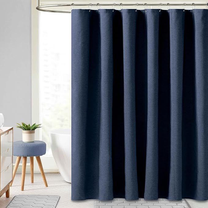 BTTN Extra Long Fabric Shower Curtain - 180x72 Inch Linen Textured Heavy Duty Tall Cloth Shower Curtain Set with 32 Plastic Hooks, Large Hotel Luxury Polyester Shower Curtains for Bathroom, Navy Blue