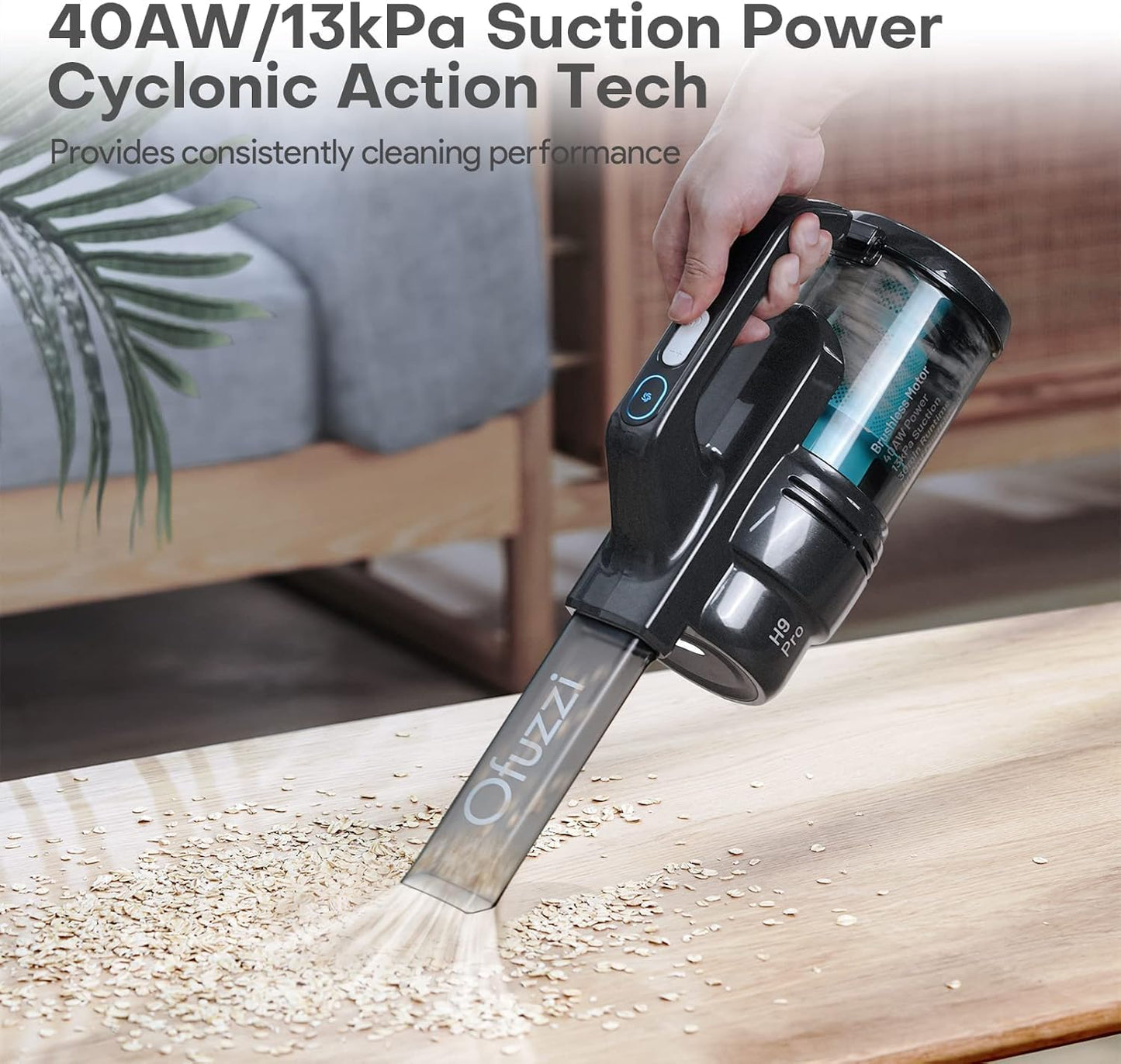 Ofuzzi H9 Pro Handheld Vacuum Cleaner, Extra-Long Crevice Tool, 40AW/13kPa Surging Suction, LED- Display&Light, Up to 30 Mins Runtime, Portable Vacuum for Home Cleaning, Black
