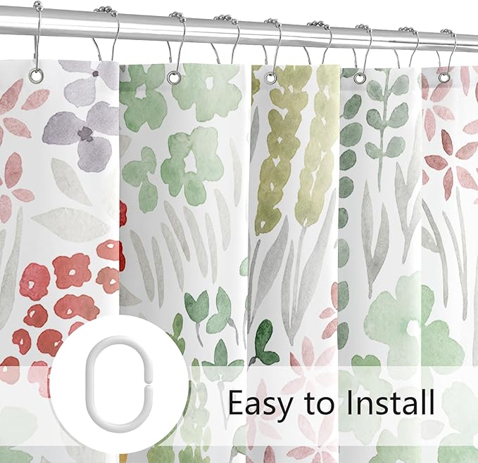Cute Floral Shower Curtain 60x72, Sage Green Boho Flower Fabric Shower Curtain, Funky Watercolor Wildflower Shower Curtain Set, Cottagecore Bohemian Bathroom Decor