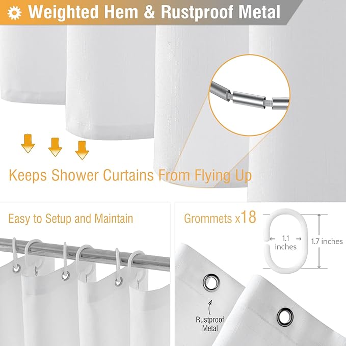 BTTN Fabric Shower Curtain, Linen Textured Heavy Duty Polyester Cloth Shower Curtain Set with Plastic Hooks, White, 108" W x 72" L (Pack of 1)
