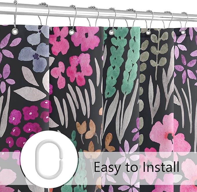 Extra Long Shower Curtain 72 x 96 Inch, Floor to Ceiling X-Long Tall Cute Floral Shower Curtain for Bathroom, Black Hot Pink Wildflower Boho Cottagecore Fabric Shower Curtain Set with Hooks