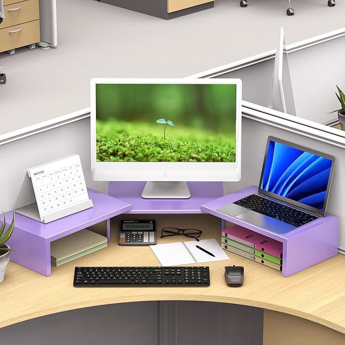 Dual Monitor Stand for Desk, Metal Monitor Riser, Purple Office Supplies Desk Accessories (Purple)