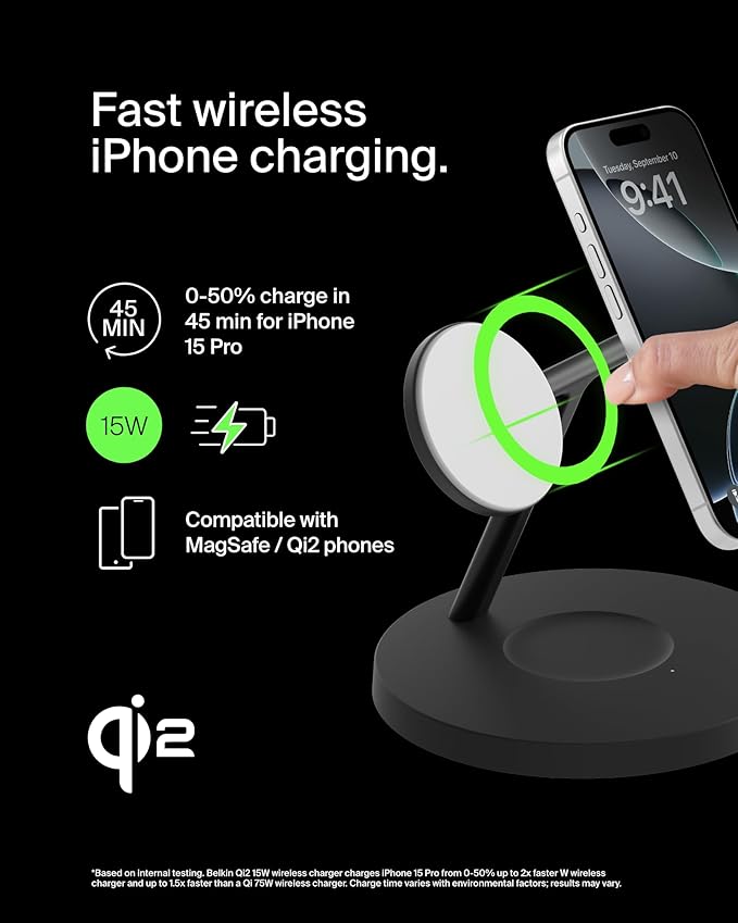 Belkin MagSafe-Compatible Charger, 3-in-1 Wireless Charging Station, Qi2-Certified 15W Wireless Charge for Apple iPhone 17 Series, Apple Watch, AirPods w/Non-Slip Base, 40W Included - Black