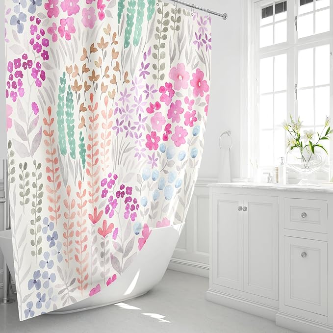Extra Long Shower Curtain 72 x 96 Inch, Floor to Ceiling X-Long Tall Cute Floral Shower Curtain for Bathroom, Hot Pink Wildflower Boho Cottagecore Fabric Shower Curtain Set with Hooks