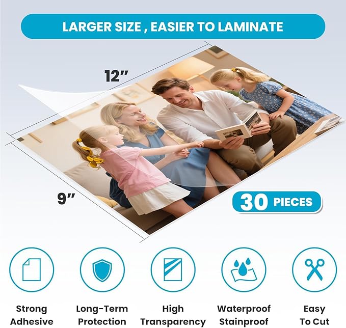 T&W SAME FILM 30 Pack Self Adhesive Laminating Sheets, 4mil, Holds 8.5 x 11 Inch Laminate Paper, 9 x 12 Inch Lamination Sheets, Letter Size, Thermal Laminating Sheets, Self Sealing