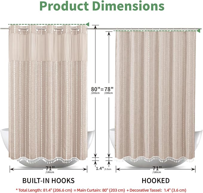 No Hook Long Shower Curtain Set with Snap-in Fabric Liner,Linen Textured Thick Striped Fabric with Tassels,Boho Farmhouse Rustic Luxury Bathroom Curtain,Water-Repellent,Tan/Taupe,71x80